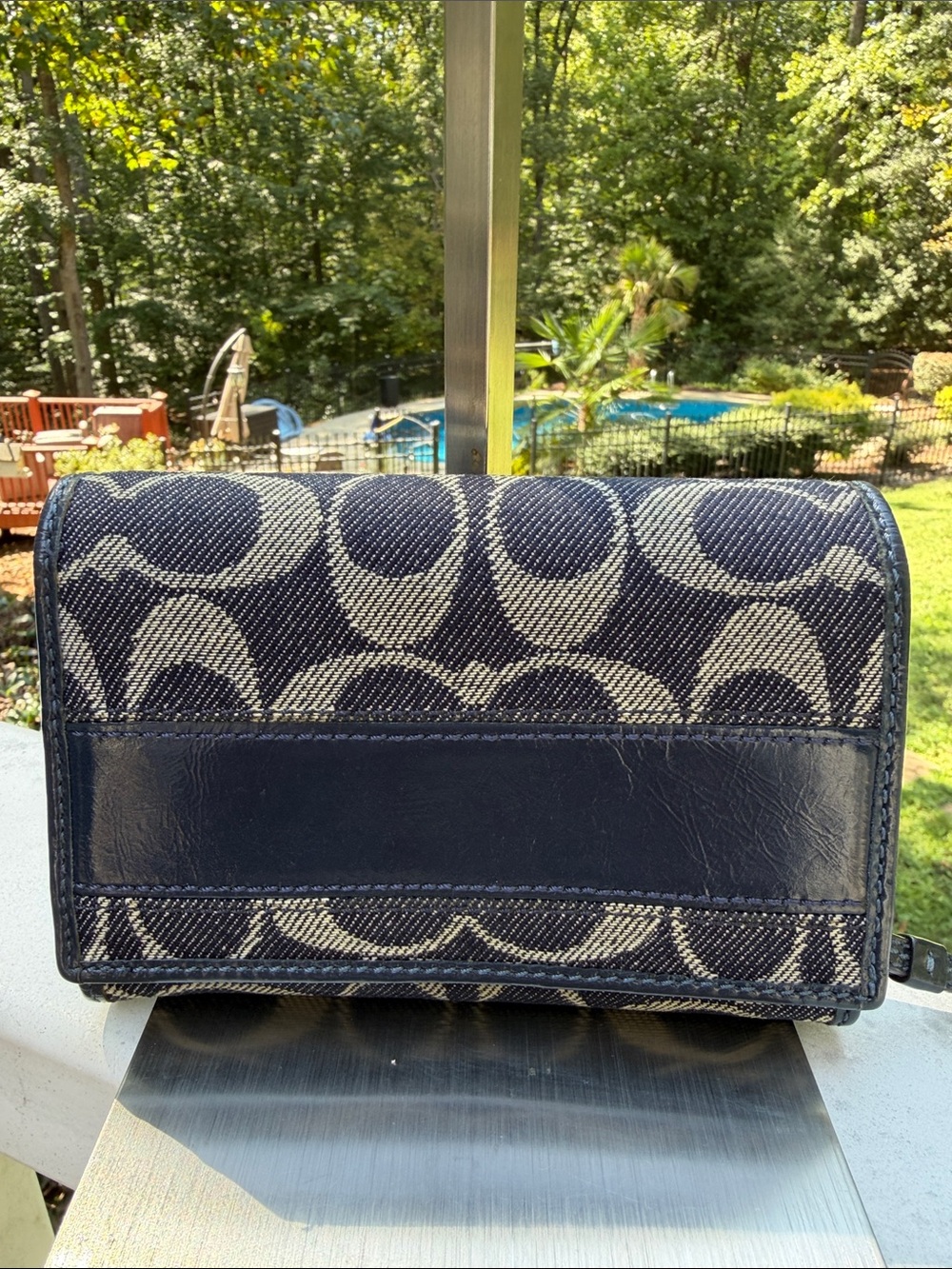 Coach Signature Denim Canvas and Navy Leather Compact Wallet